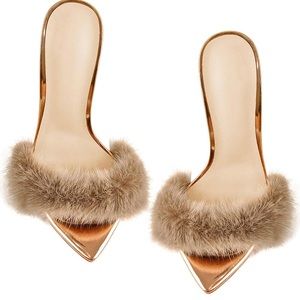 Richealnana Women's Fur Fluffy Mules High Heels (Rose Gold)
